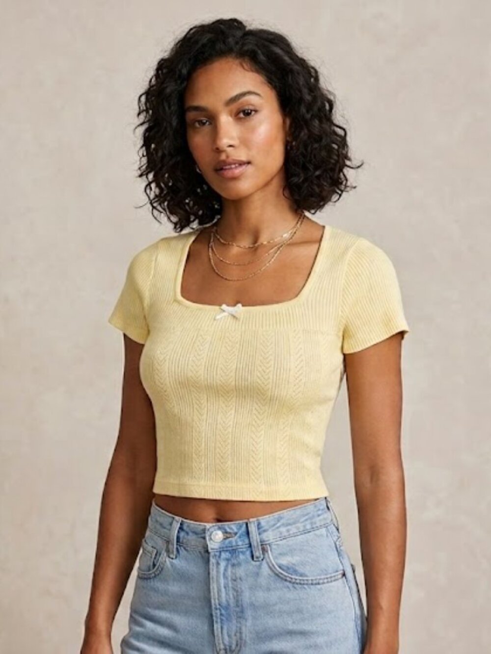 Square Neck Ribbed Crop Top in Pale Yellow